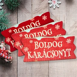 Dekorációs tábla, ajándékkísérő, 3db nyomatott karton tábla 2mm-es, 7,5x3,5cm Boldog Karácsonyt felirat szalag