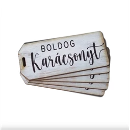Dekorációs tábla, ajándékkísérő, nyomatott karton tábla 2mm-es, 5,7x2,5cm Boldog Karácsonyt felirat fehér