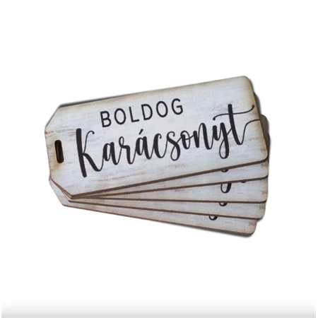 Dekorációs tábla, ajándékkísérő, nyomatott karton tábla 2mm-es, 5,7x2,5cm Boldog Karácsonyt felirat fehér