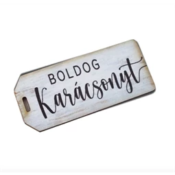 Dekorációs tábla, ajándékkísérő, nyomatott karton tábla 2mm-es, 5,7x2,5cm Boldog Karácsonyt felirat fehér