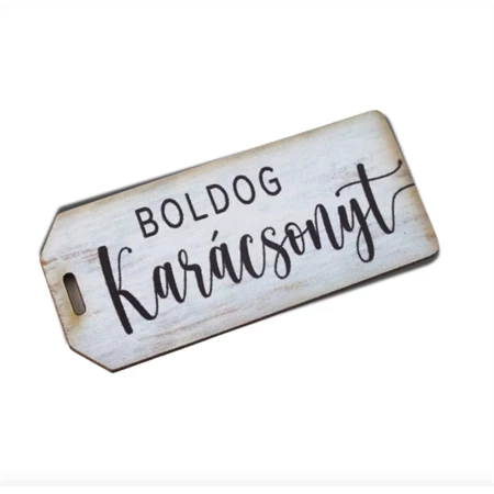 Dekorációs tábla, ajándékkísérő, nyomatott karton tábla 2mm-es, 5,7x2,5cm Boldog Karácsonyt felirat fehér