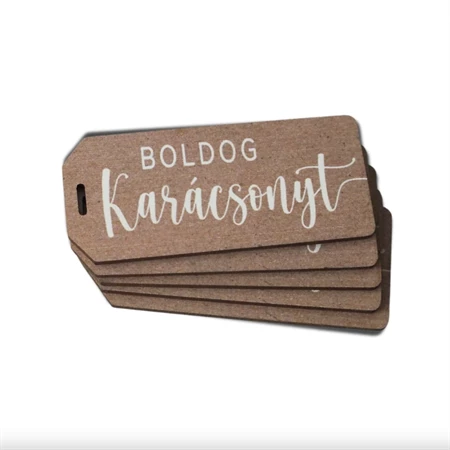 Dekorációs tábla, ajándékkísérő, nyomatott karton tábla 2mm-es, 5,7x2,5cm Boldog Karácsonyt felirat natúr