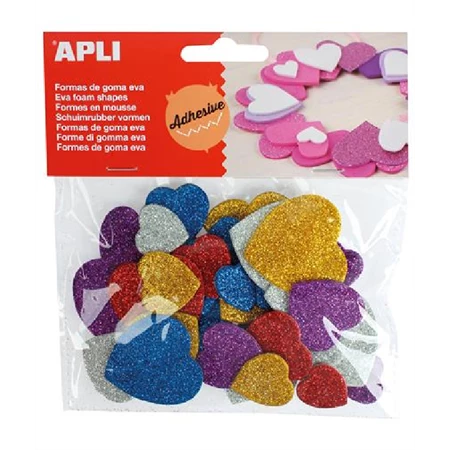 Dekorgumi szívek APLI Eva Sheets öntapadó, glitteres, vegyes színek, 50db/csomag