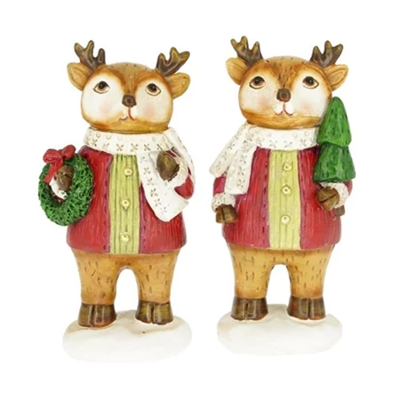 Dekorráció Szarvas fenyővel, koszorúval álló poly 5,5x4,5x12,5 cm barna, piros 2 féle, 1db