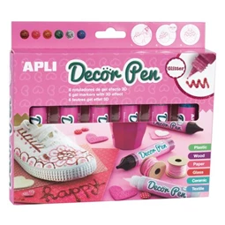 Dekortoll készlet, APLI Decor Pen 3D hatású zselés dekortoll, glitteres 6x25ml