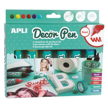 Dekortoll készlet, APLI Decor Pen 3D hatású zselés dekortoll, glitteres 6x25ml gyöngyházfényű