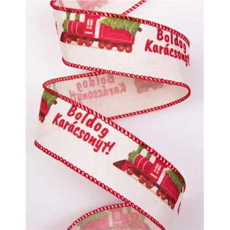 Díszkötöző szalag 38mmx9,1m drótos mozdonyos Boldog Karácsonyt! felirattal