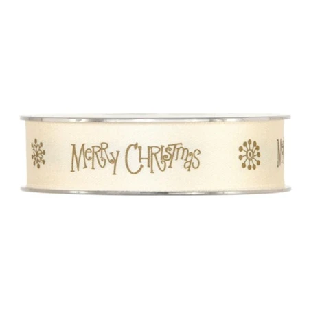 Díszkötöző szalag Merry Christmas felirattal, textil, 25mmx15m, krém