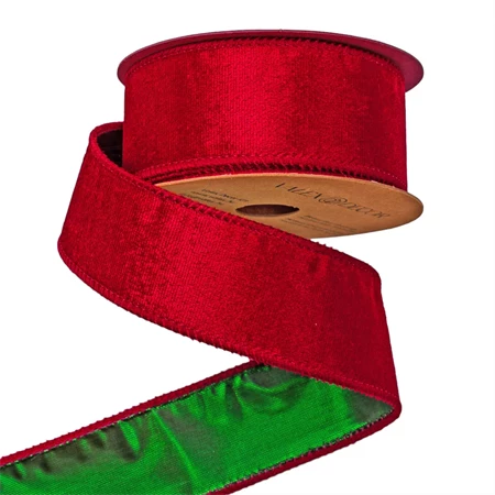 Díszkötöző szalag bársony 38mmx5m drótos 2színű piros-zöld