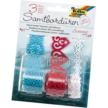 Díszkötöző szalag csipke 3x1 méter, öntapadós, Summer kék, piros, fehér