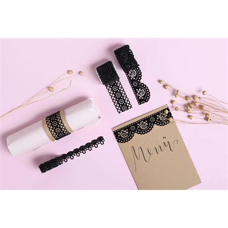 Díszkötöző szalag csipke 3x1 méter, öntapadós, folklore fekete