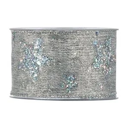 Díszkötöző szalag textil glitteres 63mmx10m csillag mintával ezüst