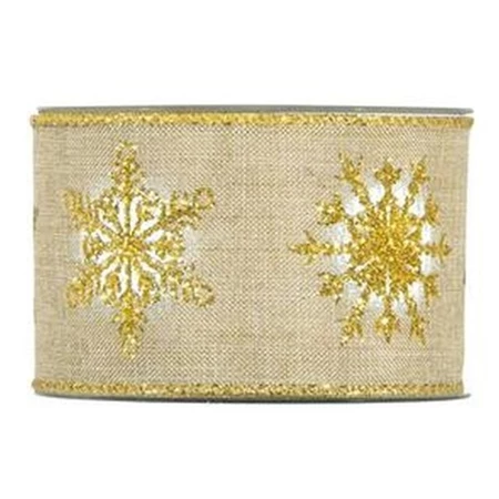 Díszkötöző szalag hópehellyel textil 63mmx10m bézs-arany