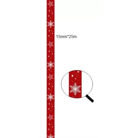 Díszkötöző szalag szatén 15mm x 25m piros, hópihés