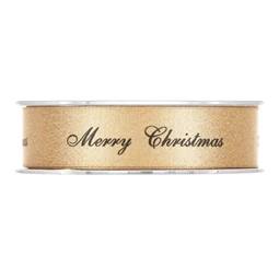 Díszkötöző szalag textil Merry Christmas felirattal, 25mmx25m arany