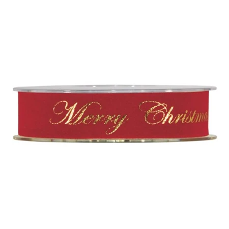 Díszkötöző szalag textil Merry Christmas fellirattal 25mmx10m piros/arany