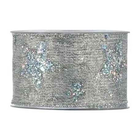 Díszkötöző szalag textil glitteres 63mmx10m csillag mintával ezüst
