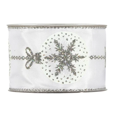 Díszkötöző szalag textil, gömb mintával, glitteres, 63mmx10m fehér/ezüst