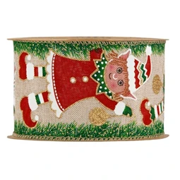 Díszkötöző szalag textil manóval 63mmx10m natúr/piros