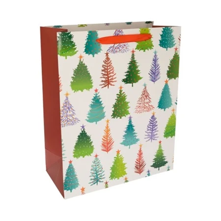 Dísztasak fenyőfákkal, papír 26x32x12 cm