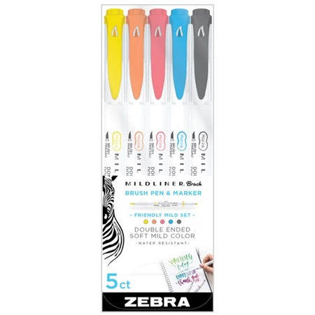Ecsetiron ZEBRA kétvégű MILDLINER 5színű készlet, extra vékony kerek és ecset végű hegy 0,5/4mm, barátságos színek