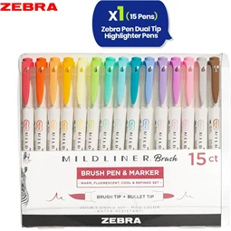 Ecsetirón ZEBRA kétvégű filctoll Mildliner 15színű készlet, ecset 1-4mm és vékony kerek hegy 0,5mm