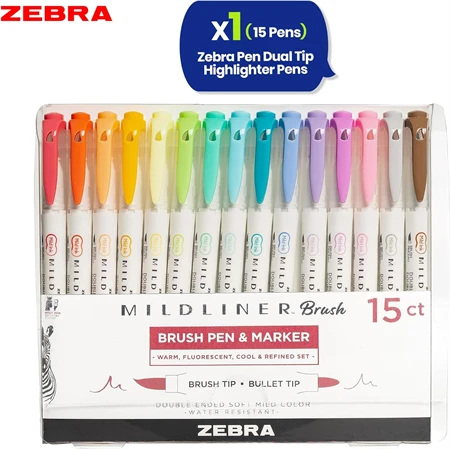 Ecsetirón ZEBRA kétvégű filctoll Mildliner 15színű készlet, ecset 1-4mm és vékony kerek hegy 0,5mm