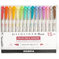 Ecsetirón ZEBRA kétvégű filctoll Mildliner 15színű készlet, ecset 1-4mm és vékony kerek hegy 0,5mm