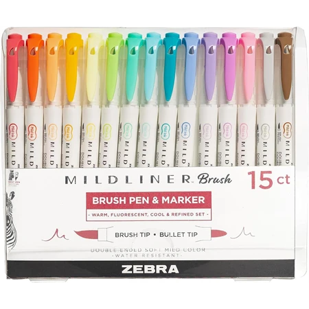 Ecsetirón ZEBRA kétvégű filctoll Mildliner 15színű készlet, ecset 1-4mm és vékony kerek hegy 0,5mm