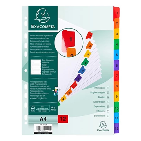 Elválasztó karton Exacompta A/4 12 részes fehér, színes laminált fülekkel