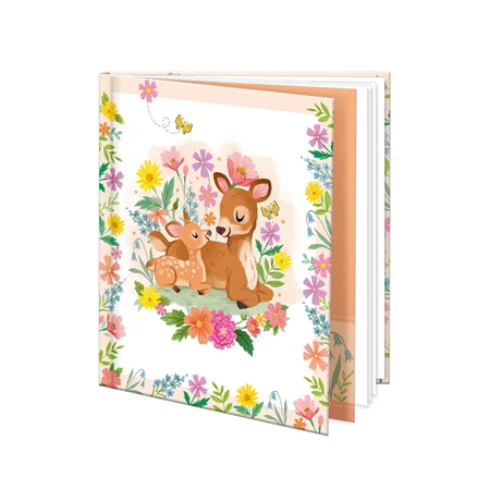 Emlékkönyv 12,5 × 14,5 cm őzike mintával, 48 sima oladal, könyvjelzővel