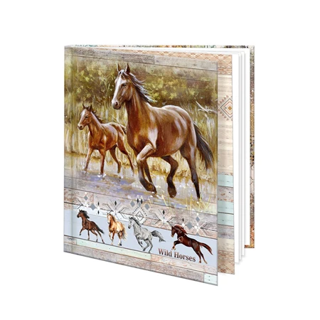 Emlékkönyv 12,5x14,5cm barna vadlovak mintával, 48 sima oldal, könyvjelzővel