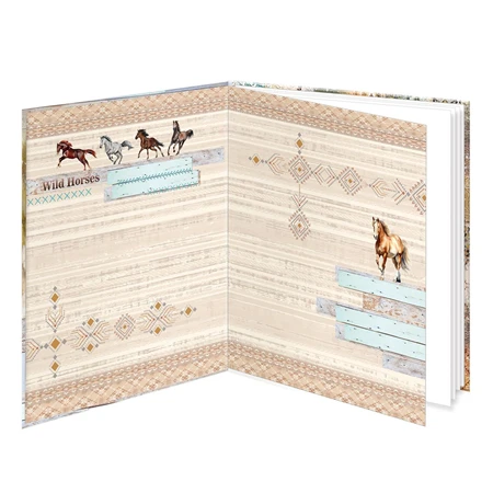 Emlékkönyv 12,5x14,5cm barna vadlovak mintával, 48 sima oldal, könyvjelzővel