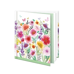 Emlékkönyv 12,5x14,5cm fehér lapon rajzolt vadvirágok mintával, 48 sima oldal, könyvjelzővel