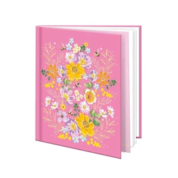 Emlékkönyv 12,5x14,5cm rózsaszín alapon vadvirágok mintával, 48 sima oldal, könyvjelzővel