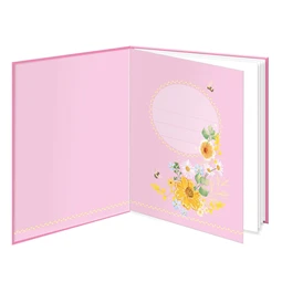 Emlékkönyv 12,5x14,5cm rózsaszín alapon vadvirágok mintával, 48 sima oldal, könyvjelzővel