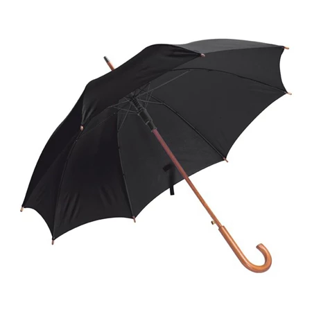 Esernyő favázas, automata, hajlított fanyeles, fa csúccsal, fekete