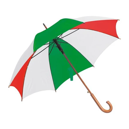 Esernyő favázas, automata, hajlított fanyeles, fa csúccsal, piros-fehér-zöld