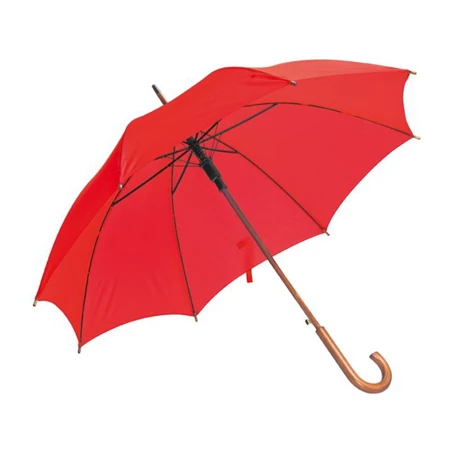 Esernyő favázas, automata, hajlított fanyeles, fa csúccsal, piros