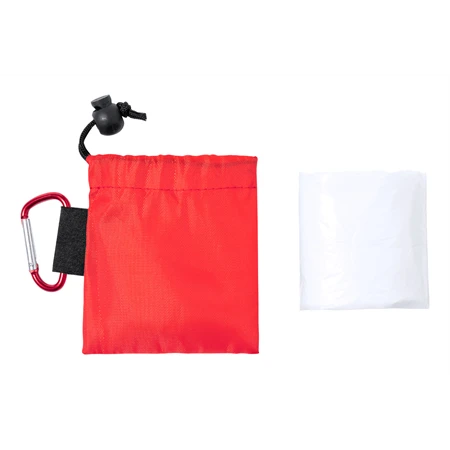 Esőkabát poncsó, átlátszó LDPE felnőtteknek, piros RPET poliészter hordtasakban