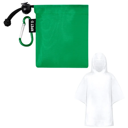 Esőkabát poncsó gyerek, átlátszó LDPE zöld RPET poliészter hordtasakban