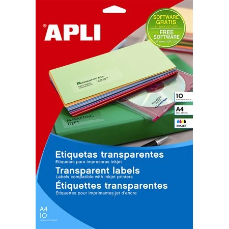 Etikett APLI 210x297mm,A/4 , poliészter, átlátszó, magasfényű, 10 etikett/csomag