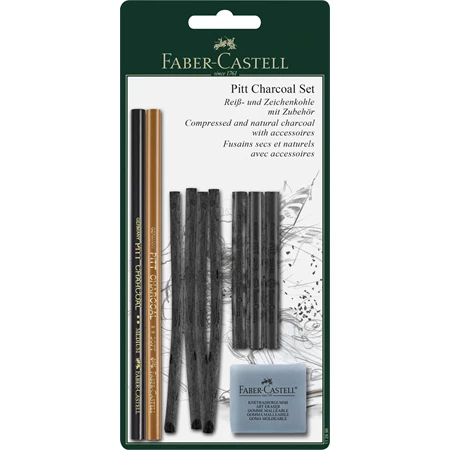 FABER PITT faszén készlet 10db-os 2 szén ceruza lágy+közepes, 4 natúr rajzszén 3-6 mm, 3 szén ceruza, 1 radír