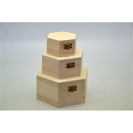 Fa doboz szett 3db-os hatszögletű, nagy:átmérő:16cm magas:8cm - kicsi: átmérő:9,1cm magas:4,5cm