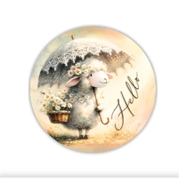 Fa tábla nyomtatott, Hello bárányos, kerek 11,8cm