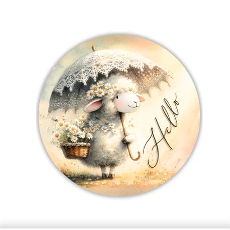 Fa tábla nyomtatott, Hello bárányos, kerek 11,8cm