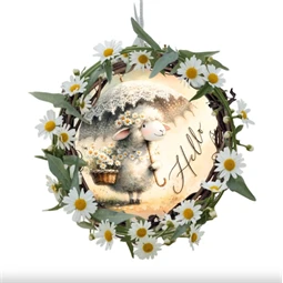 Fa tábla nyomtatott, Hello bárányos, kerek 11,8cm