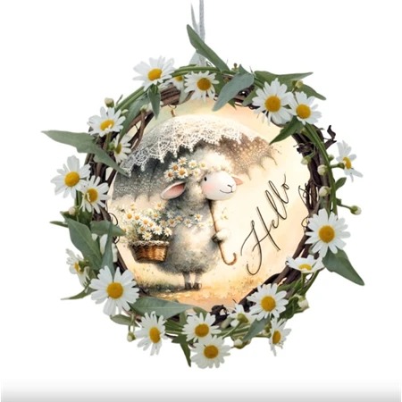 Fa tábla nyomtatott, Hello bárányos, kerek 11,8cm