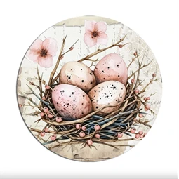 Fa tábla nyomtatott, Húsvéti rózsaszín téma, kerek 11,8cm
