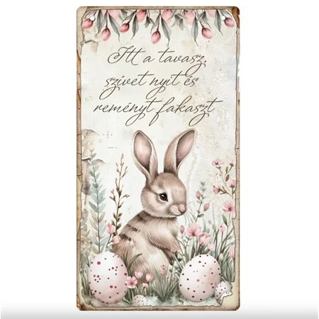 Fa tábla nyomtatott, Húsvéti rózsaszín téma, kerek 13x24,3cm